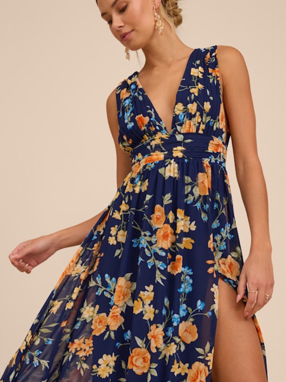 Lulus Heavenly Hues Dark Blue Floral Maxi Dress - Size M